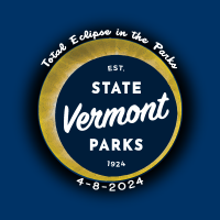 An image of the sun eclipsed by the Vermont State Parks Logo. On the edge of the circle, the text reads Total Eclipse in the Parks 4-8-2024.