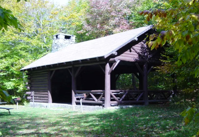 The CCC-built pavilion has a fireplace and picnic tables