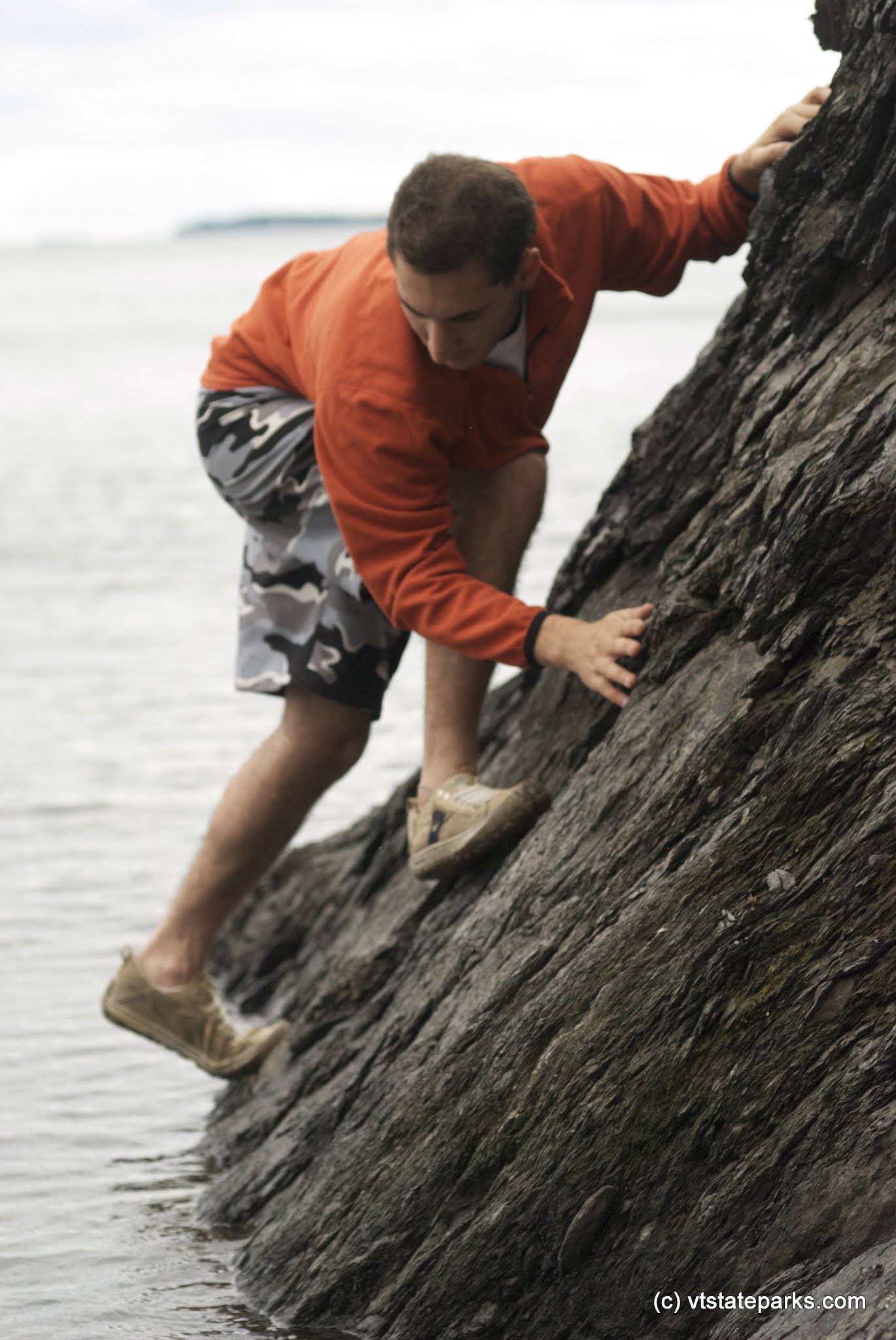 Climbing the rocks at Knight Island State Park