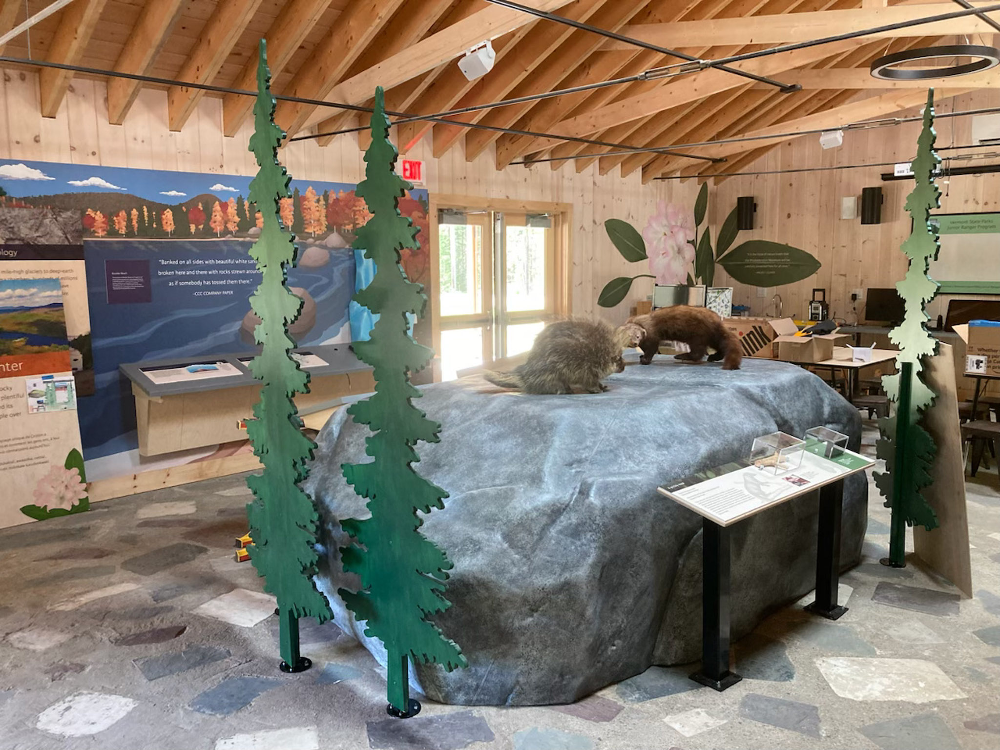 The image shows an indoor exhibit at a nature center. The exhibit features a large artificial rock formation in the center, with two taxidermy - a porcupine and a fisher. Surrounding the rock are cutouts of evergreen trees, adding a naturalistic element to the scene. The room has wooden walls and a ceiling with exposed beams, creating a rustic atmosphere. In the background, there are informational panels with images and text. The floor is made of stone tiles.