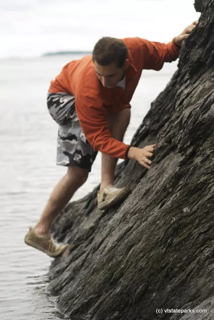Climbing the rocks at Knight Island State Park