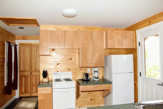 Kitchen area at Perry Merrill cottagge at Ricker Pond State Park