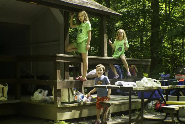 Let's climb on a lean-to at Lake Carmi State Park by Heather Sefcik