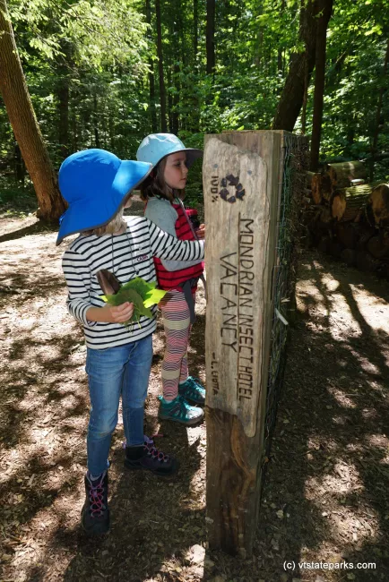 Kids look at the Mondrian Insect Hotel at Niquette Bay State Park by Jessica Clarke