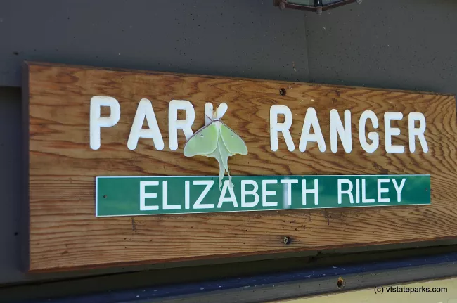 Luna moth on Ranger Sign at Ricker Pond State Park by Linda Carlsen Sperry
