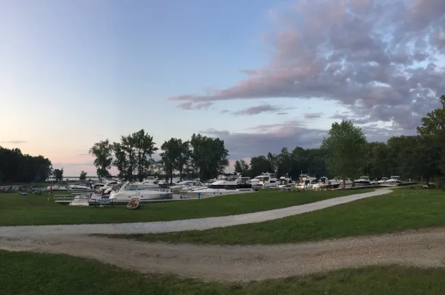 A tranquil marina at dusk, with numerous boats docked along the piers. The sky is painted with soft hues of pink and purple as the sun sets, and scattered clouds add texture to the scene. Surrounding the marina are tall trees and lush greenery. In the foreground, a gravel path winds through a grassy area, leading towards the water. The peaceful atmosphere is enhanced by the gentle evening light.