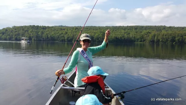 Mrs Vermont caught s teeny fish at Ricker Pond State Park
